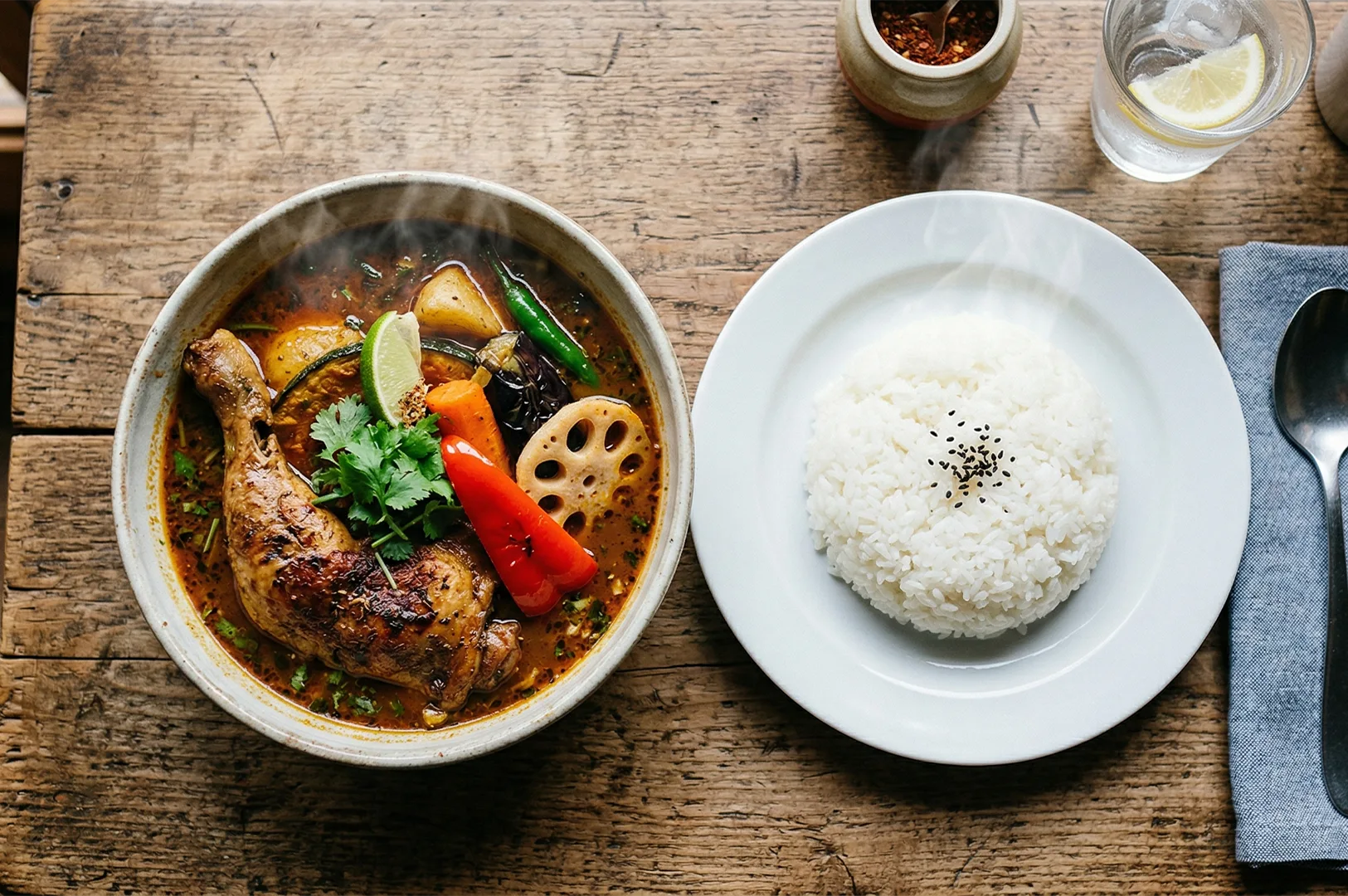 Overhead view of a bowl of Japanese soup curry with a roasted chicken leg, lotus root, and vegetables served with a side of white rice.