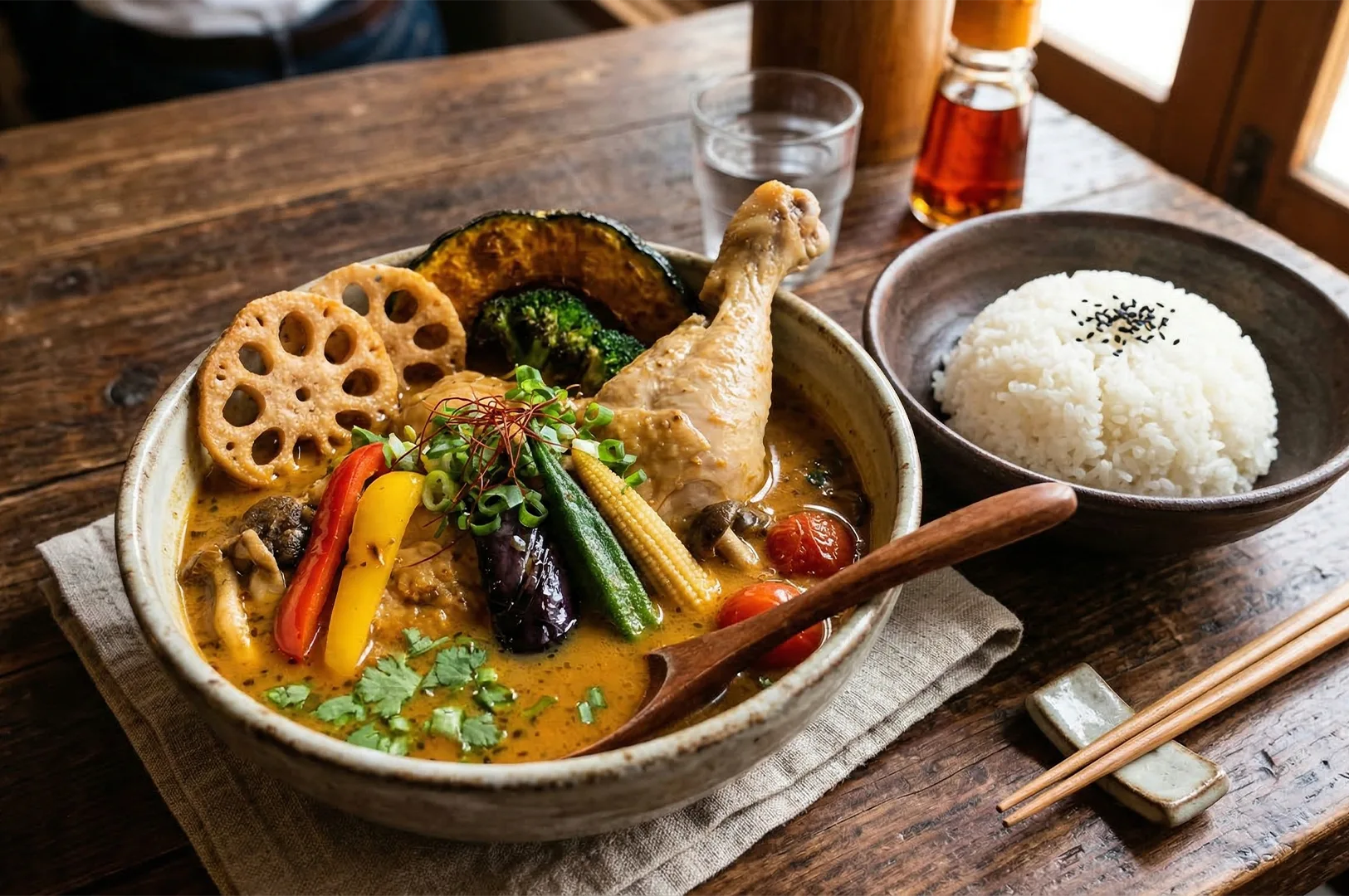 A bowl of Japanese soup curry featuring a chicken leg, fried lotus root, okra, and bell peppers, served with a side of white rice.