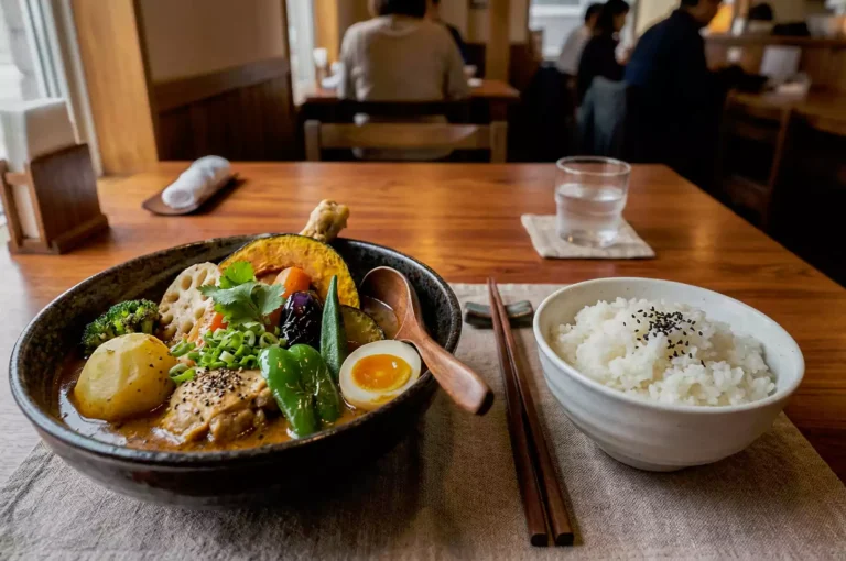 A bowl of Japanese soup curry featuring a chicken leg, lotus root, pumpkin, and soft-boiled egg, served with a side of white rice on a wooden restaurant table.