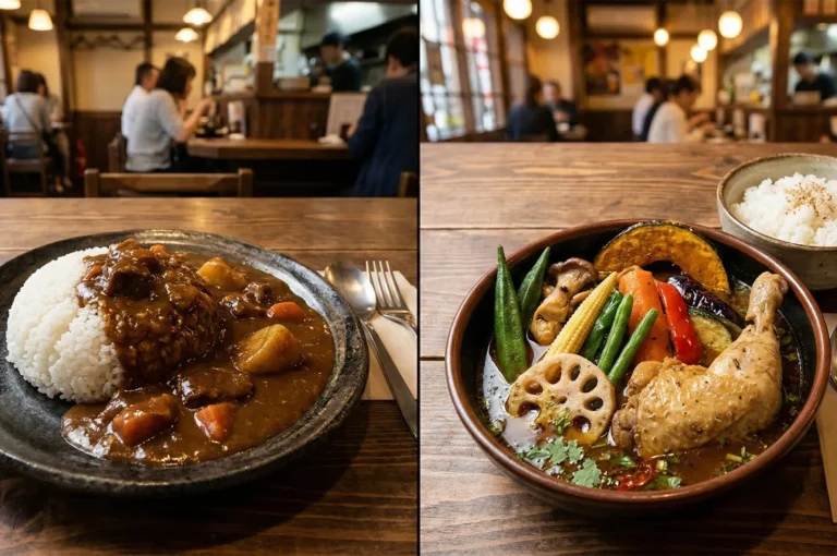 Interior view of a cozy Japanese restaurant featuring a traditional beef curry rice and a vibrant chicken leg soup curry with seasonal vegetables on a wooden table.
