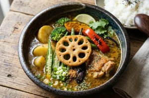 A bowl of Hokkaido-style Japanese soup curry featuring a grilled chicken thigh, okra, broccoli, and a fried lotus root garnish, served with white rice.