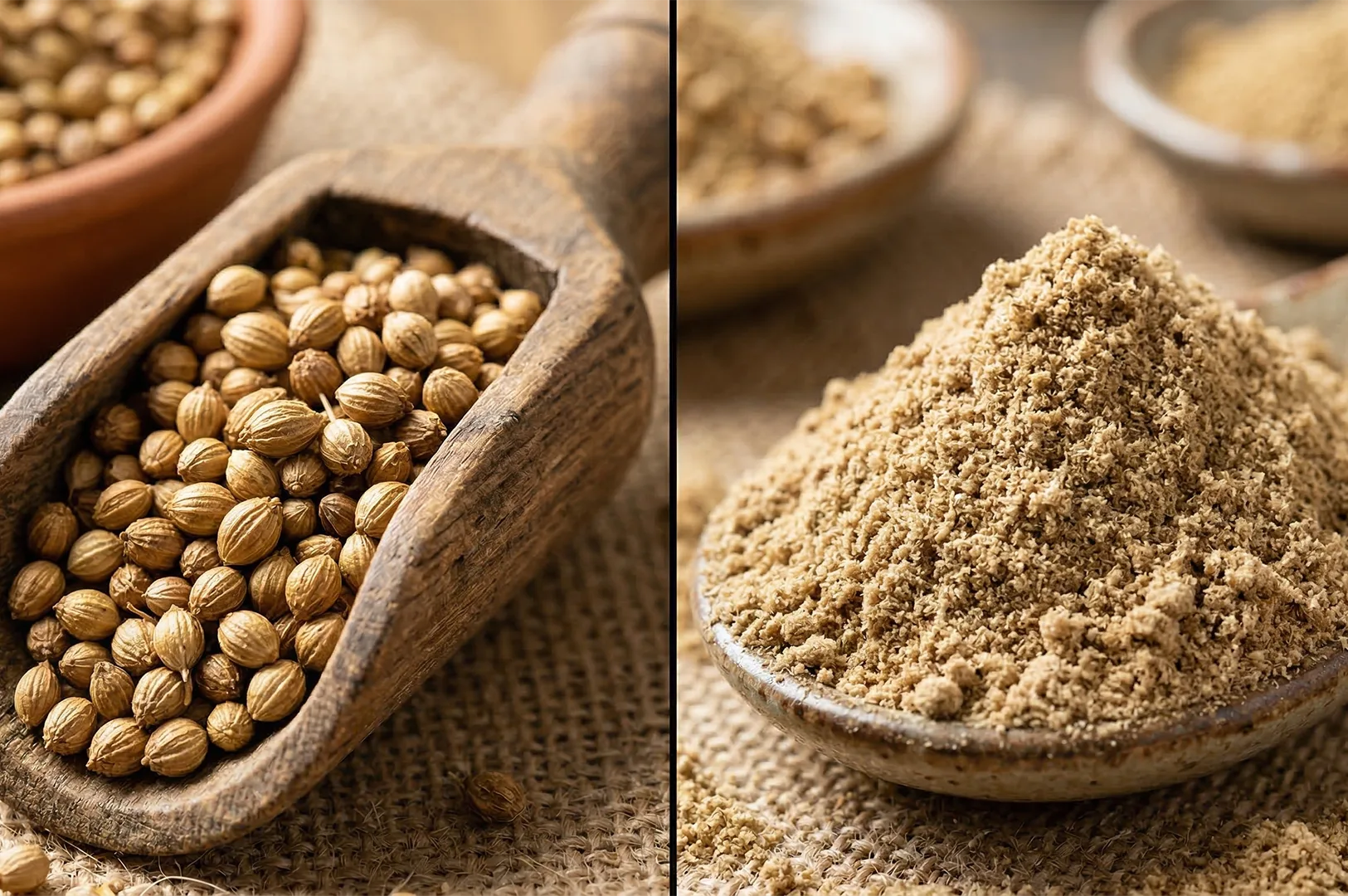 A side-by-side comparison of whole dried coriander seeds in a wooden scoop and finely ground coriander powder in a bowl.