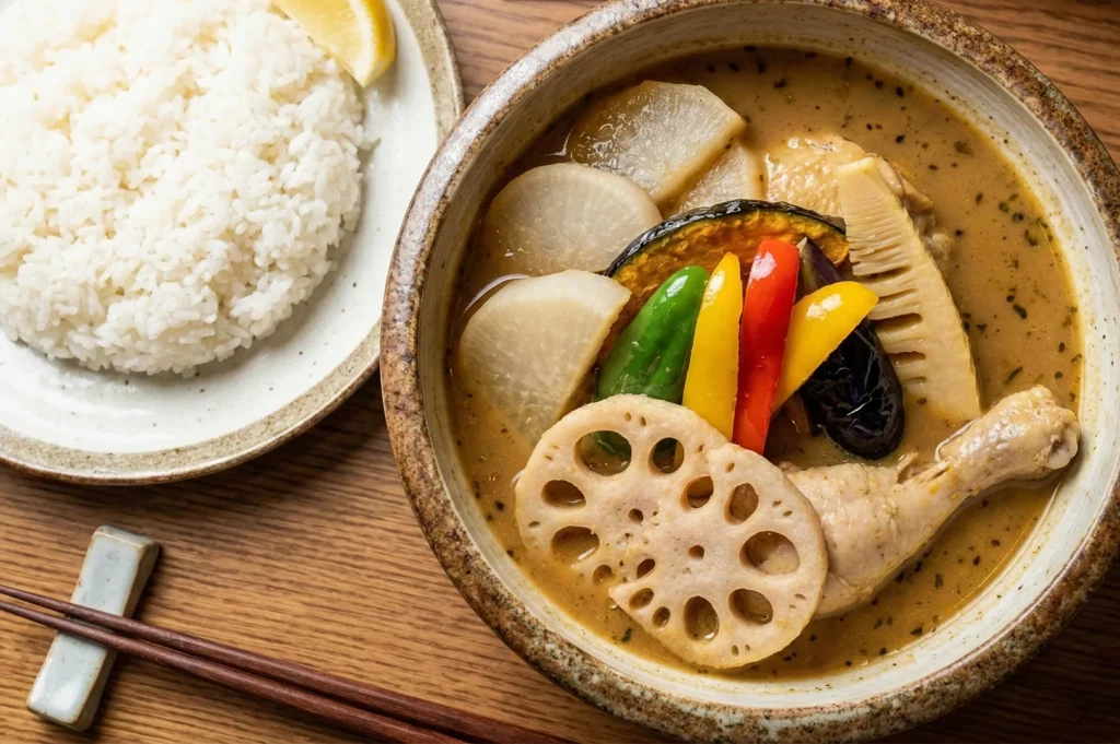 Overhead view of a Japanese soup curry meal served with a side of white rice and a lemon wedge on a wooden table.