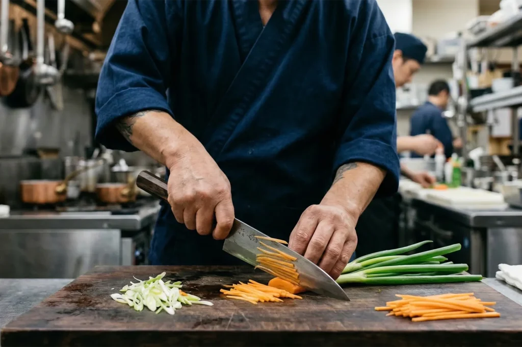 Close-up of a Japanese chef in a blue uniform expertly julienning carrots and scallions on a wooden cutting board in a professional kitchen.