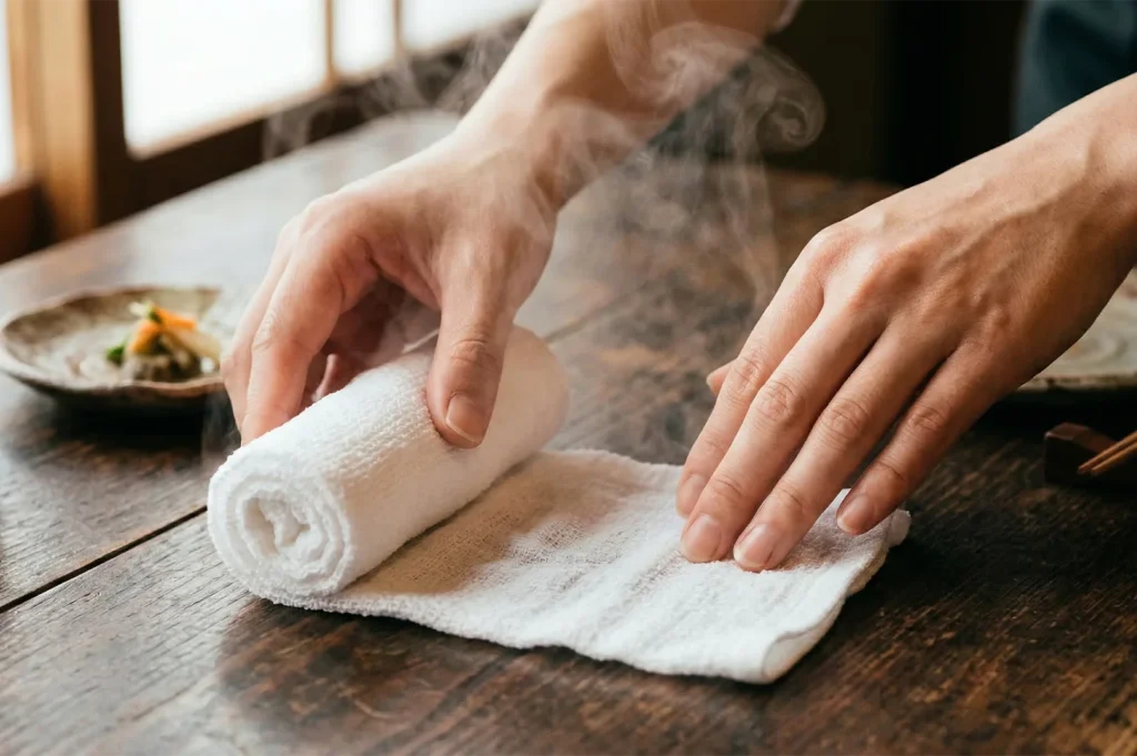 A person's hands rolling a steaming hot white oshibori towel on a wooden table in a Japanese restaurant.