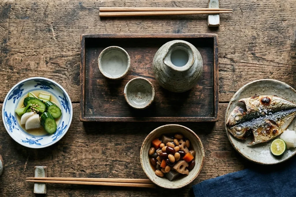 Flat lay of a traditional Japanese meal featuring grilled mackerel (saba), simmered beans, pickled cucumbers, and a ceramic sake set on a rustic wooden table.