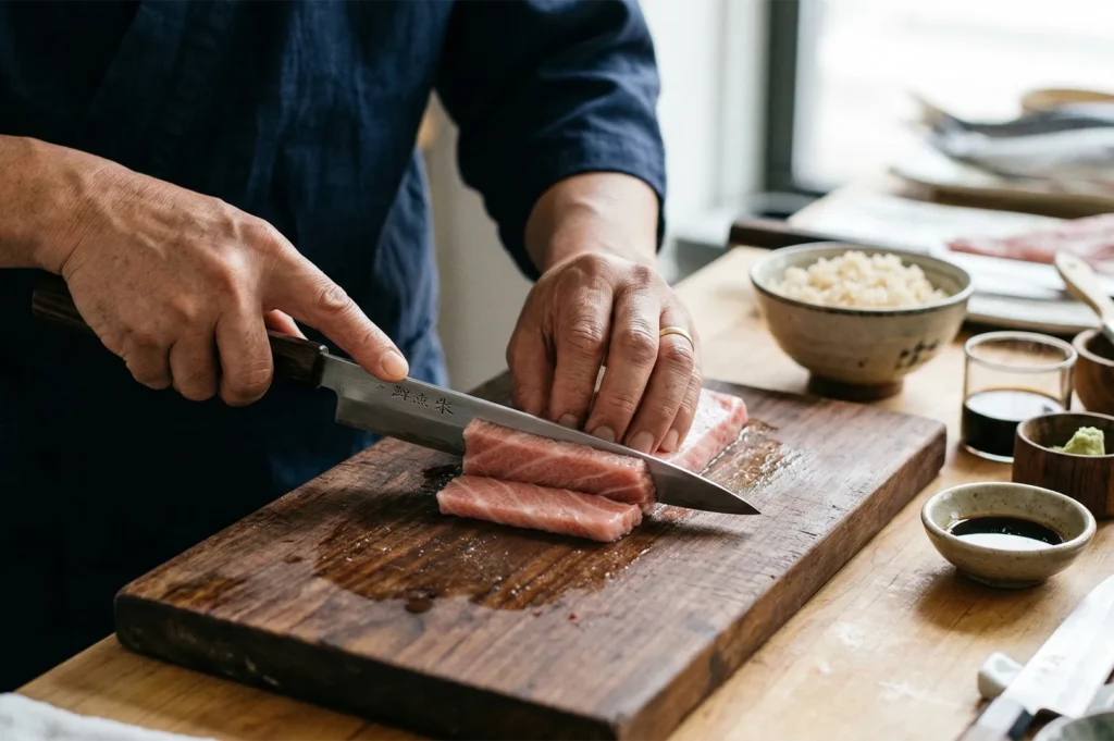 Close-up of a chef's hands using a traditional Japanese knife to precisely slice fresh fatty tuna (otoro) on a wooden cutting board.