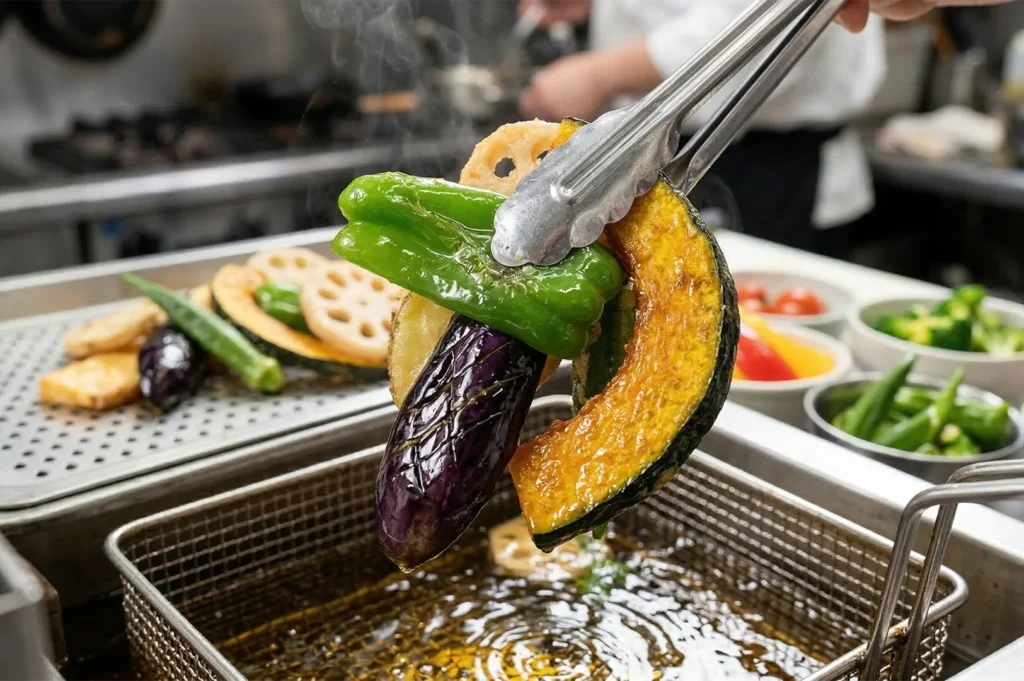 A chef using metal tongs to lift deep-fried eggplant, green pepper, and pumpkin from an oil fryer in a professional kitchen.