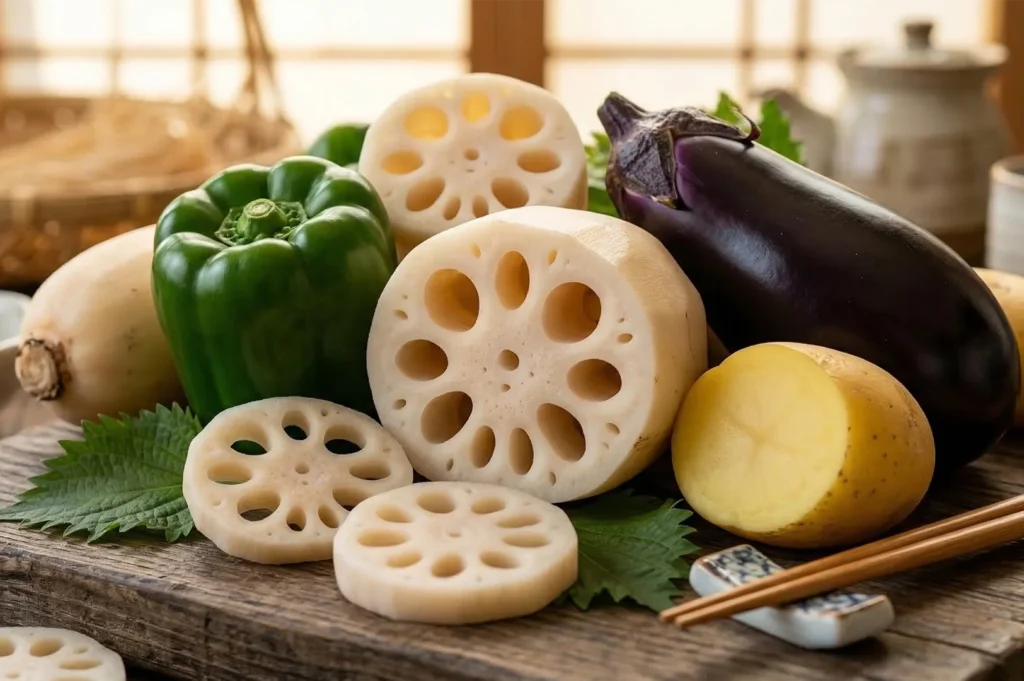 Fresh whole and sliced lotus root, a green bell pepper, an eggplant, and a potato arranged on a rustic wooden board with shiso leaves.