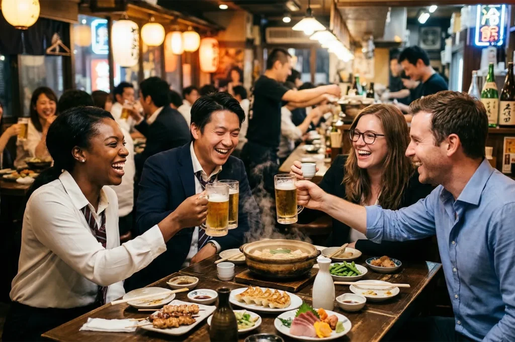 A diverse group of friends in business casual attire laughing and cheering with beer mugs around a table filled with gyoza, yakitori, and sashimi in a busy Japanese pub.