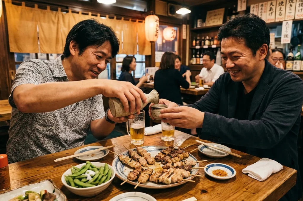 Two men enjoying sake and grilled yakitori skewers at a lively traditional Japanese Izakaya pub.