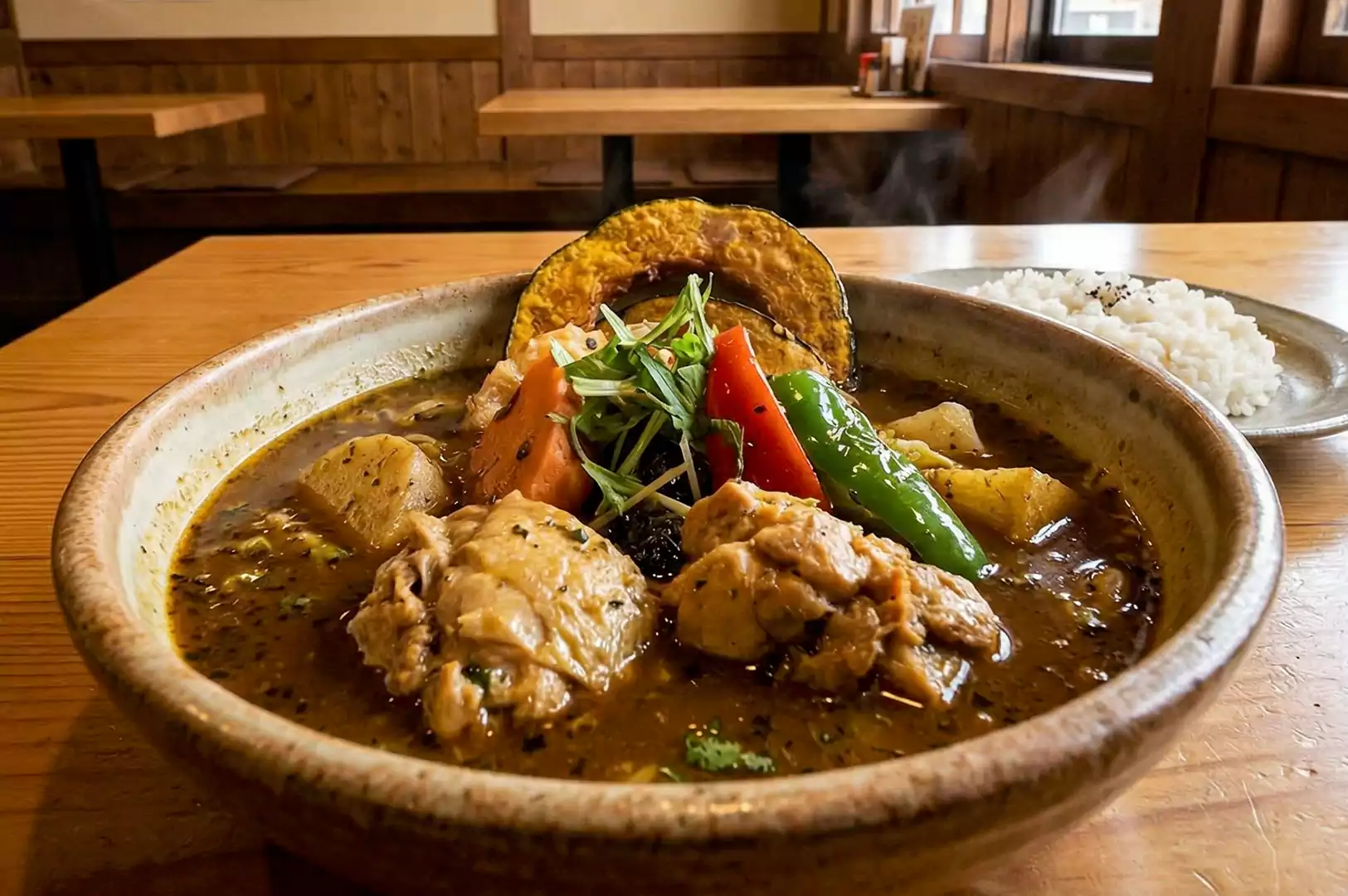 A close-up view of steaming Hokkaido-style soup curry in a ceramic bowl, packed with chunky chicken, bell peppers, and a large slice of grilled pumpkin.
