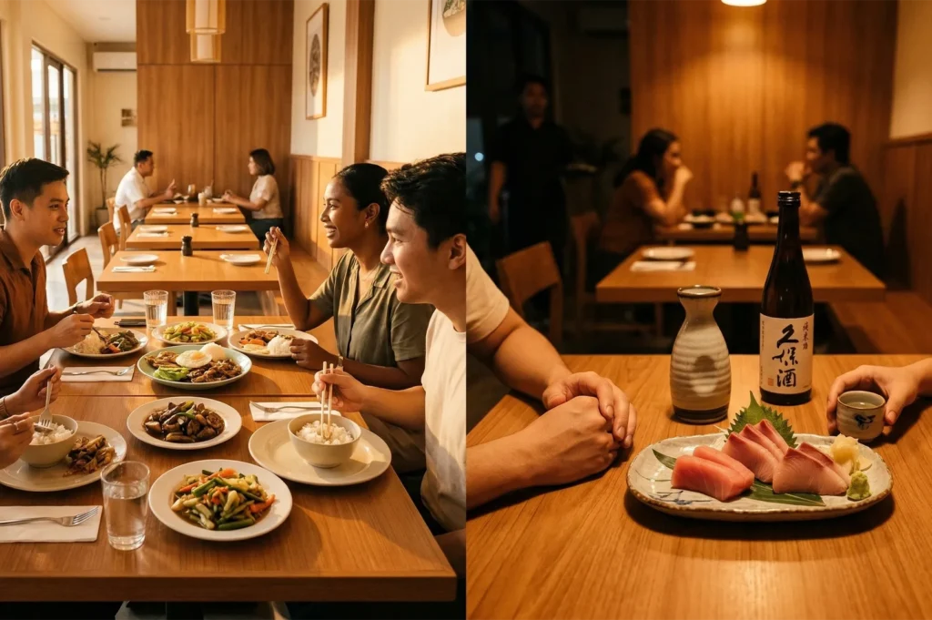 A split-frame showing friends enjoying a communal Japanese meal and a close-up of fresh tuna sashimi served with a bottle of sake.