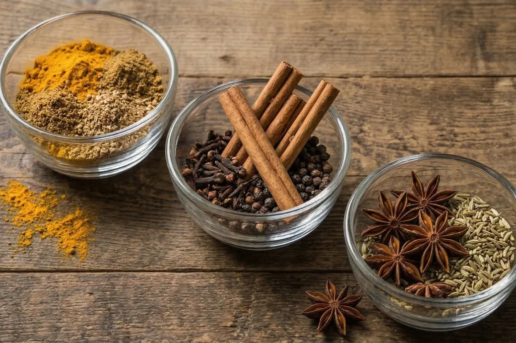 Three glass bowls containing turmeric powder, cinnamon sticks, cloves, black peppercorns, star anise, and fennel seeds on a rustic wooden surface.