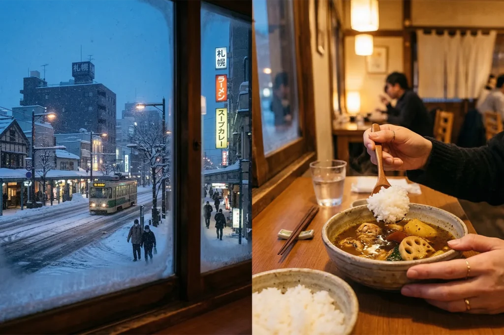 A split view showing a snowy street in Sapporo with a tram and a cozy interior of a restaurant serving soup curry and rice.