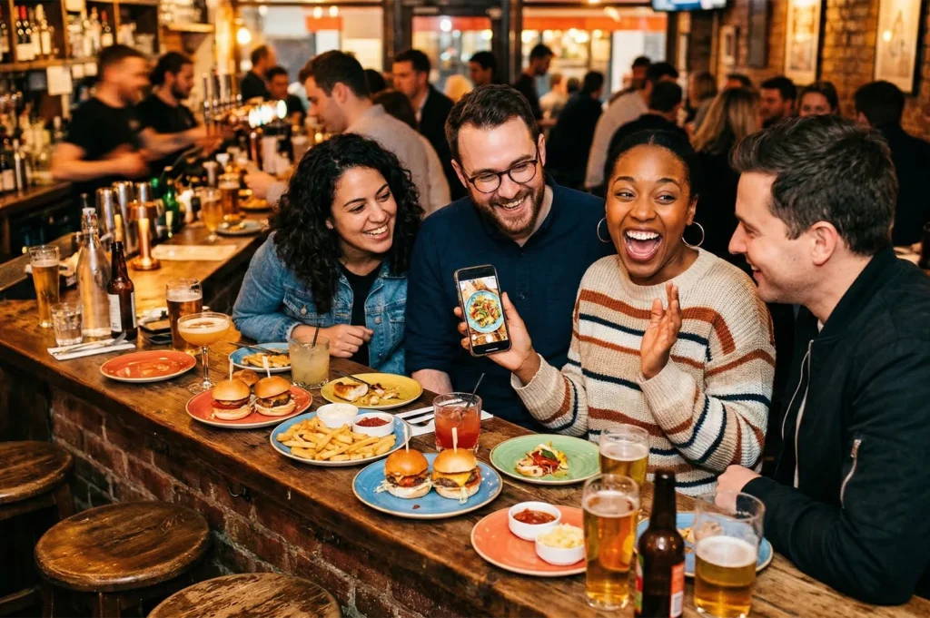 A group of diverse friends laughing and sharing a meal of sliders and fries at a lively restaurant bar while looking at a smartphone.