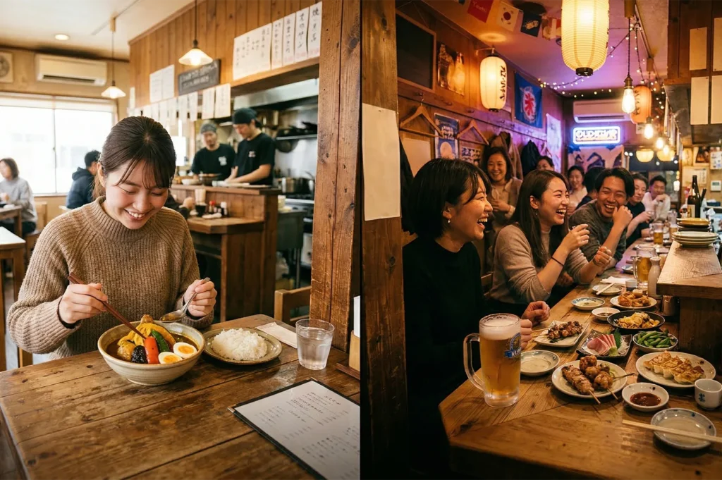 A split composition showing a woman enjoying soup curry on the left and a group of friends laughing over beer and yakitori at an izakaya on the right.