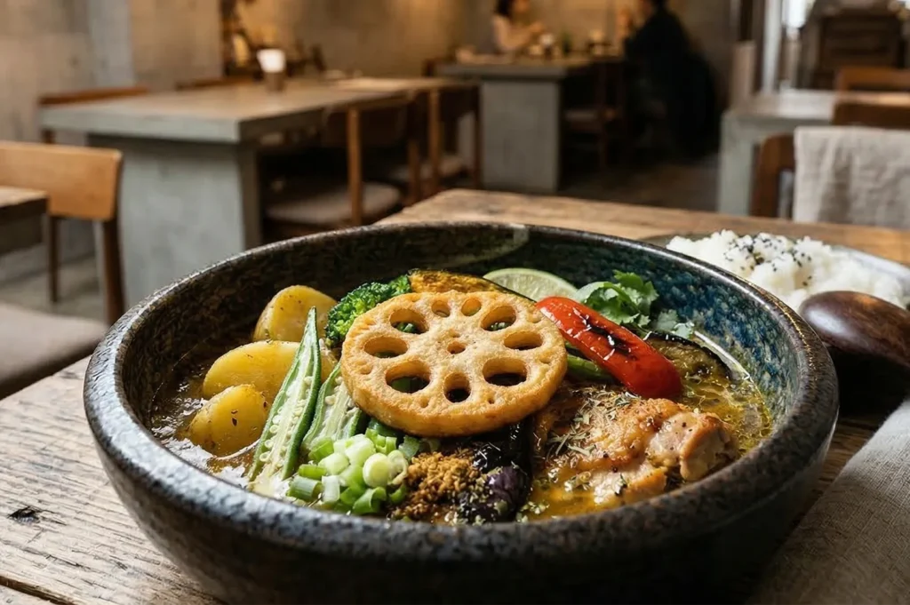 A wide-angle shot of a delicious bowl of Japanese soup curry on a wooden table in a cozy, minimalist restaurant setting.