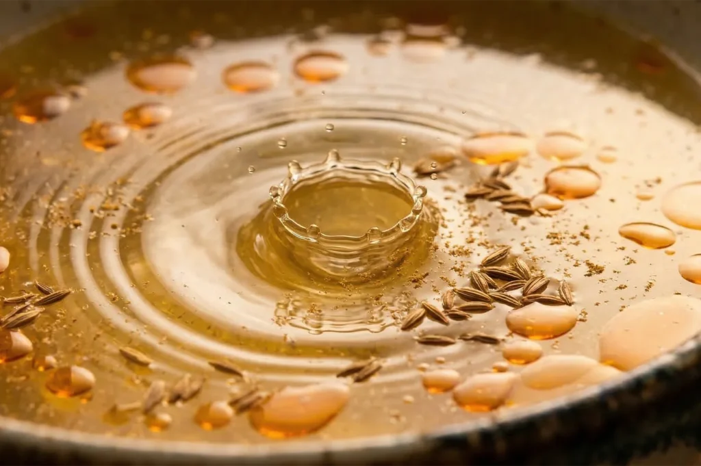 Macro shot of a golden oil droplet creating a crown splash in a bowl of broth with floating toasted cumin seeds.