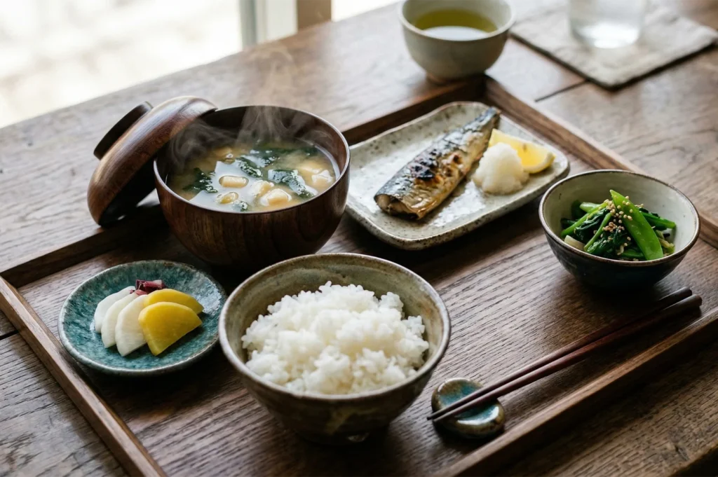 A traditional Japanese meal set featuring grilled mackerel, miso soup, steamed rice, pickles, and green tea on a wooden tray.