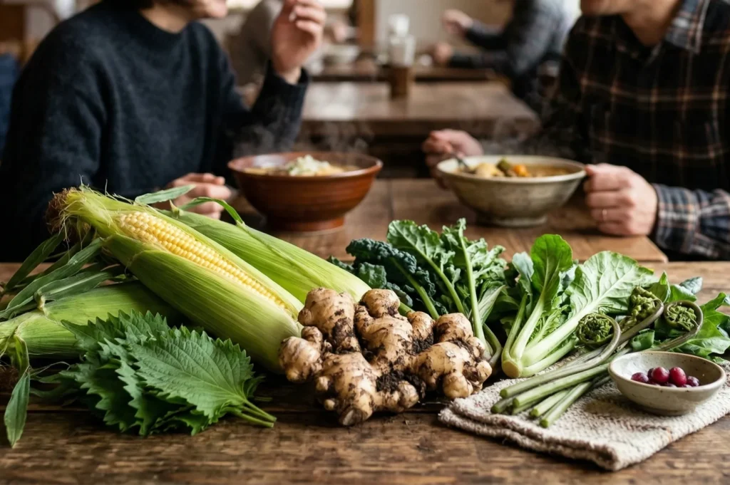 A rustic wooden table display of fresh harvest ingredients including ginger root, corn on the cob, shiso leaves, and leafy greens.