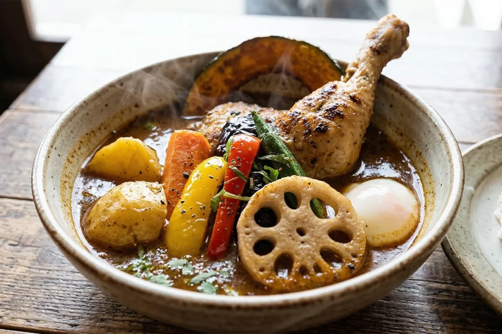 A steaming bowl of Hokkaido-style soup curry featuring a roasted chicken drumstick, bell peppers, pumpkin, and lotus root.