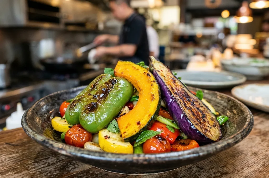 A colorful plate of charred grilled vegetables including eggplant, bell peppers, pumpkin, and cherry tomatoes used as curry garnishes.