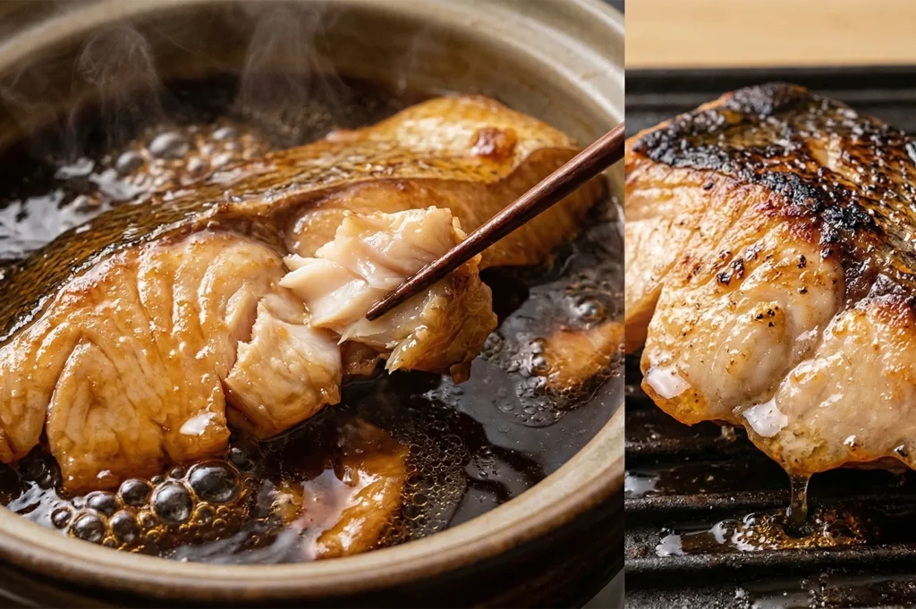Close-up of Japanese Nitsuke (simmered fish) being flaked with chopsticks in a sweet soy ginger glaze next to a piece of grilled fish.