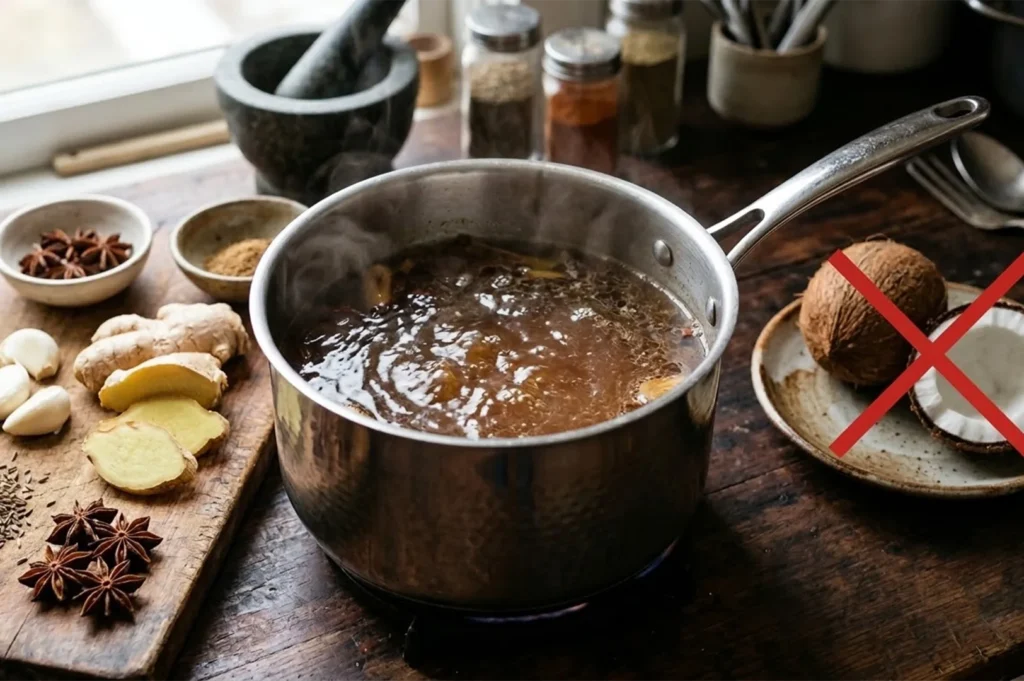A stainless steel pot of simmering curry broth surrounded by ginger, star anise, and garlic, with a red "X" over a coconut.
