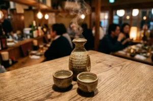 A steaming ceramic tokkuri flask of hot sake with two small ochoko cups on a wooden table in a cozy, blurred izakaya setting.