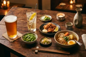 A wooden table set with Japanese Izakaya dishes including soup curry with lotus root and egg, karaage fried chicken, edamame, pickles, a pint of beer, and a lemon highball.