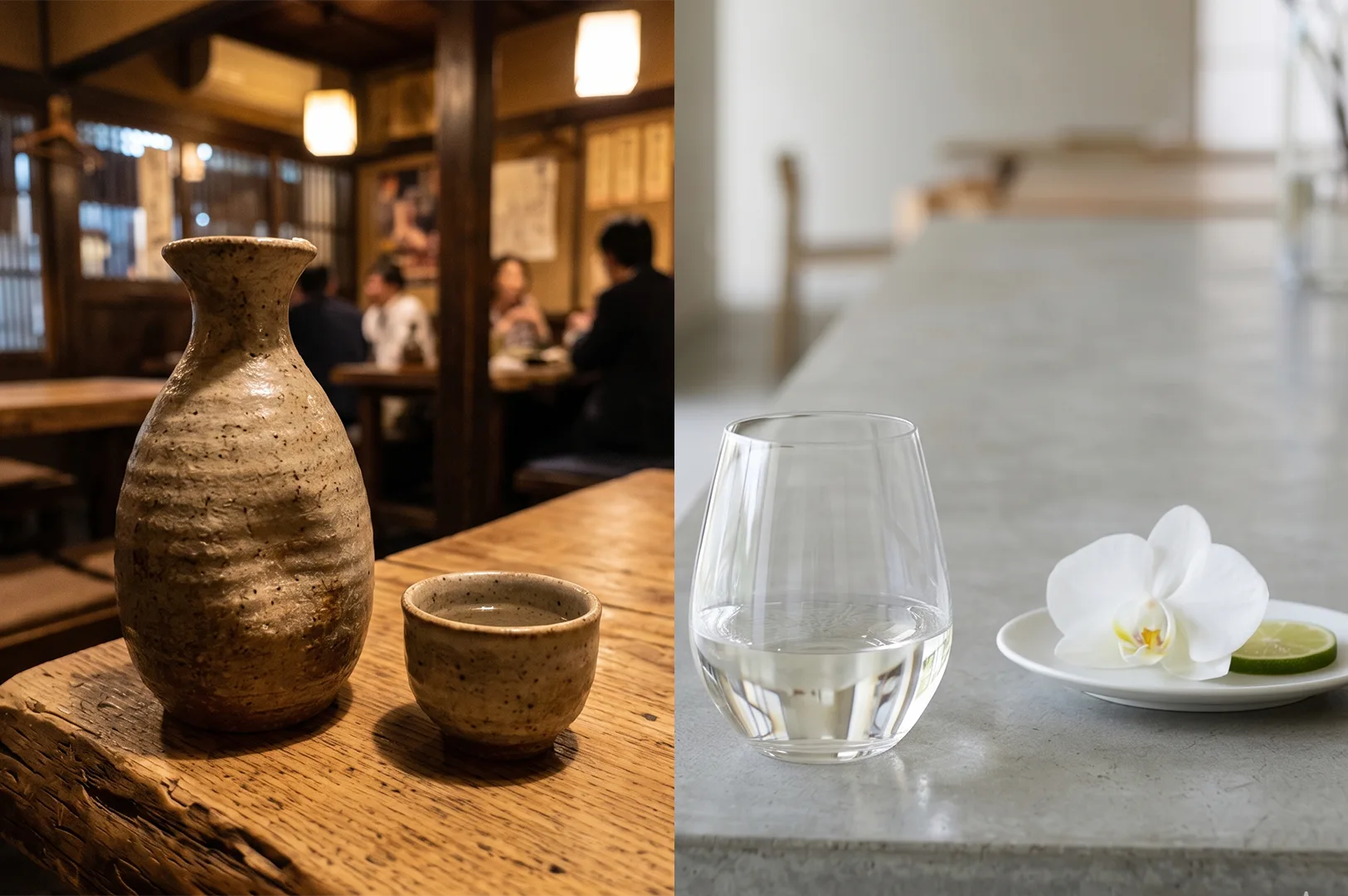 A ceramic sake carafe (tokkuri) and matching cup (ochoko) on a wooden table in a traditional Japanese izakaya with a modern wine glass in the background.