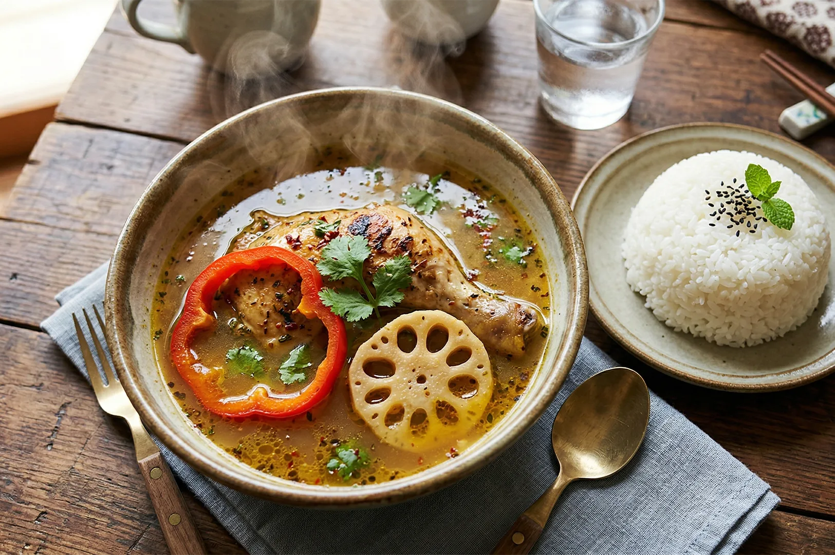 A steaming bowl of Japanese soup curry featuring a grilled chicken leg, sliced lotus root, and red bell pepper, served with a side of white rice and black sesame seeds.