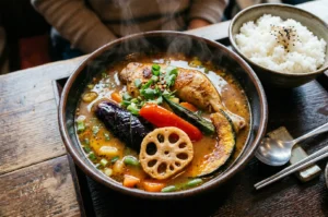 A steaming bowl of Sapporo-style soup curry with a roasted chicken leg, lotus root, eggplant, and pumpkin, served with a side of white rice.