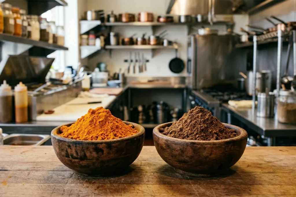 Two wooden bowls filled with vibrant orange and brown ground curry spices on a wooden counter in a professional restaurant kitchen setting.