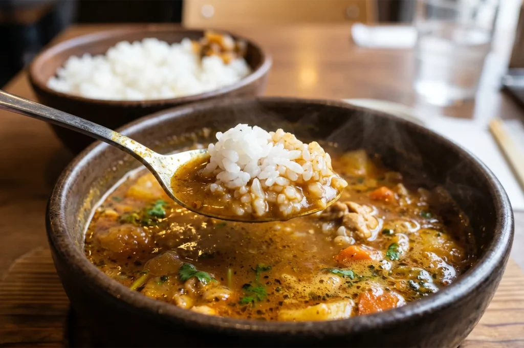 A close-up shot of a spoon dipping rice into a bowl of spicy Hokkaido soup curry featuring carrots and herbs.