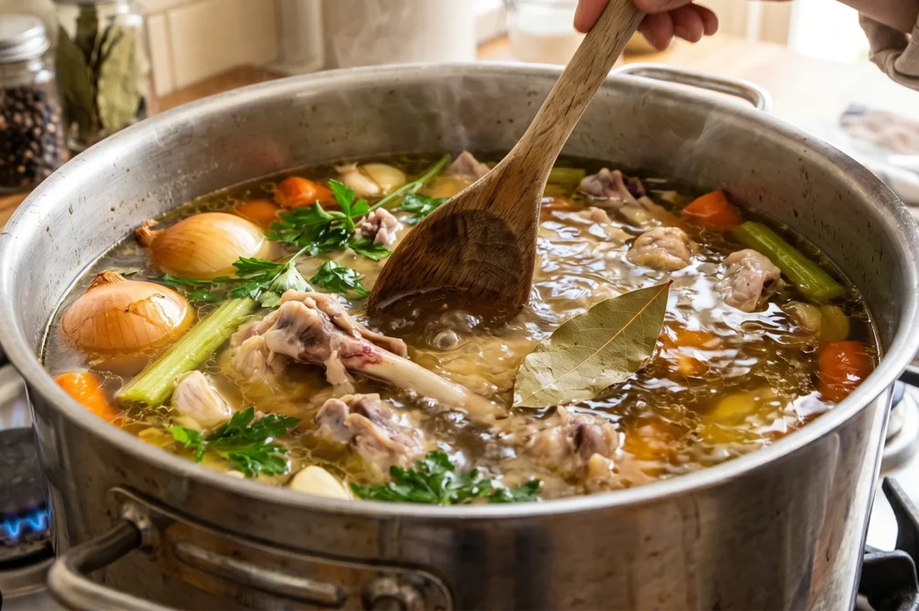 A large stainless steel pot simmering chicken bones, whole onions, carrots, celery, and bay leaves to create a clear homemade stock.