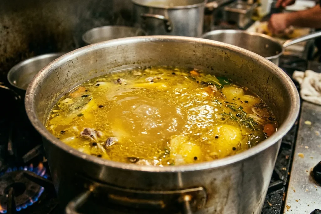 A large stainless steel stockpot simmering on a professional gas stove, filled with a golden chicken broth, herbs, and aromatics.
