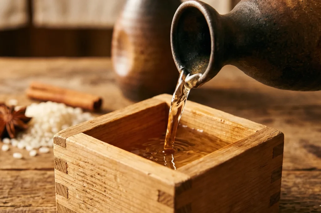 Close-up of amber-colored sake being poured from a ceramic bottle into a traditional cedar wooden box (masu) on a rustic table.