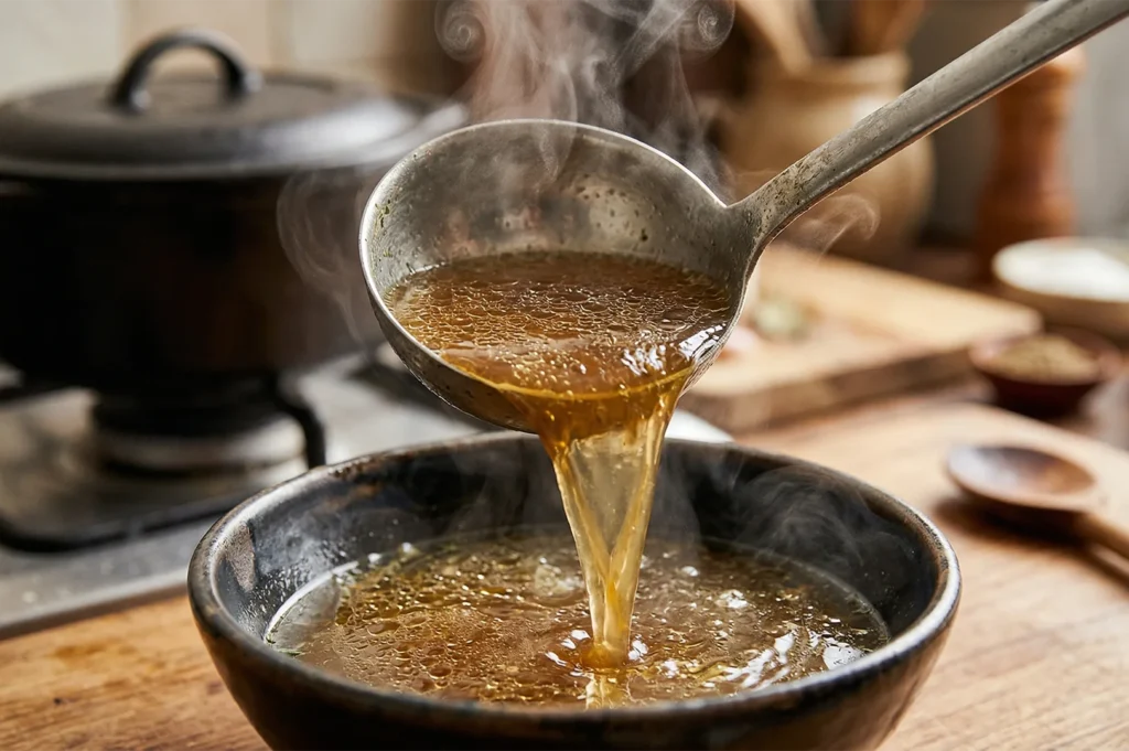 A metal ladle pouring clear, steaming golden chicken broth into a dark ceramic bowl in a rustic kitchen setting.