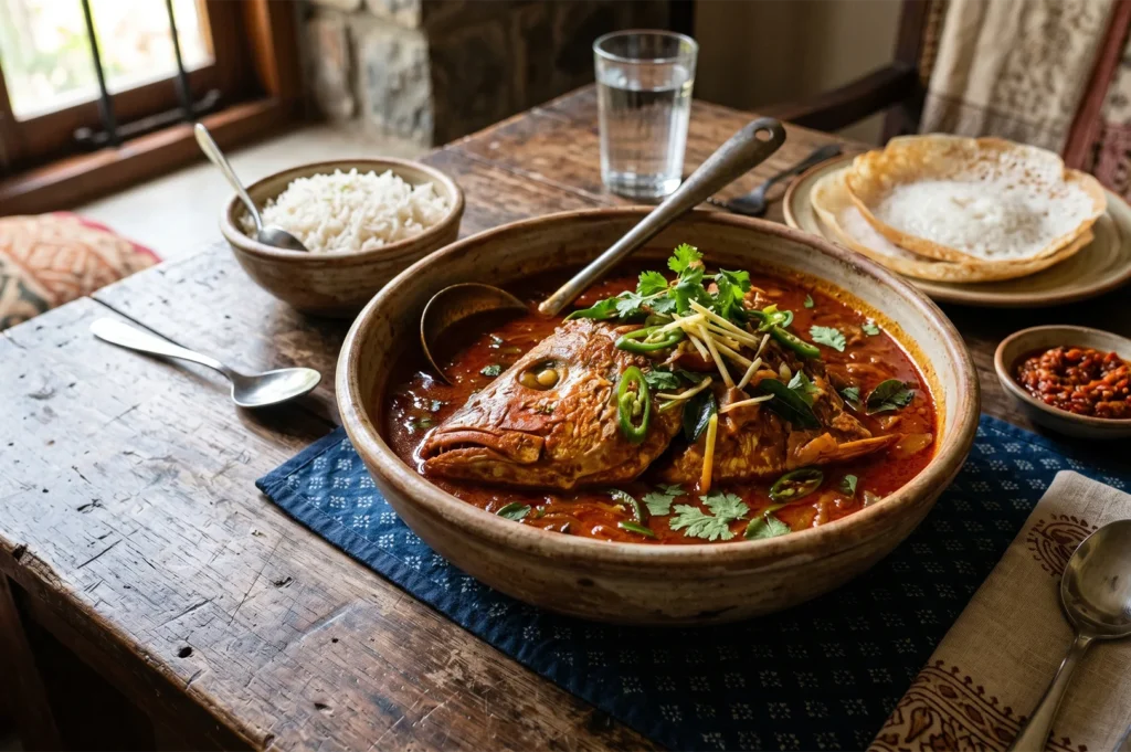 Traditional spicy fish head curry garnished with fresh cilantro and green chilies, served in a ceramic bowl with rice and hopper bread.
