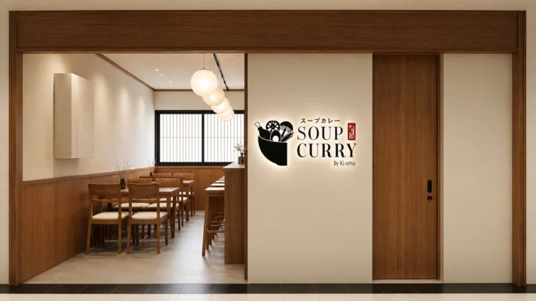Entrance to Soup Curry by Ki-setsu featuring a minimalist backlit logo on a white wall, leading into a warm dining area with wooden tables and paper globe pendant lights.