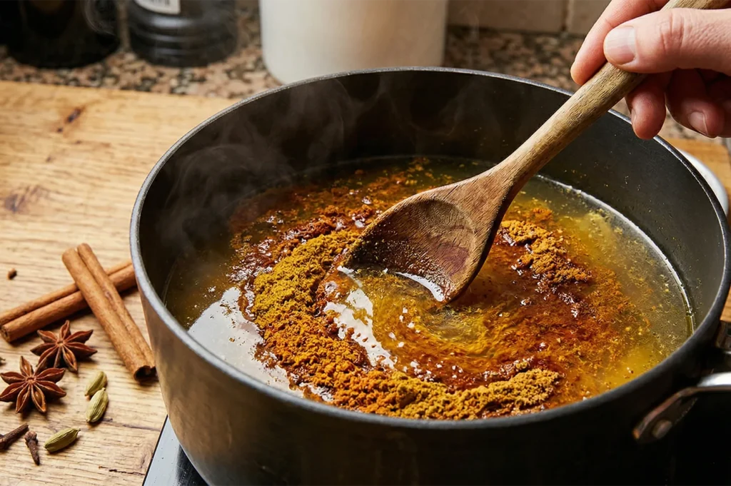 A wooden spoon stirring vibrant orange curry powder and spices into a simmering pot of liquid, with cinnamon sticks and star anise on the side.
