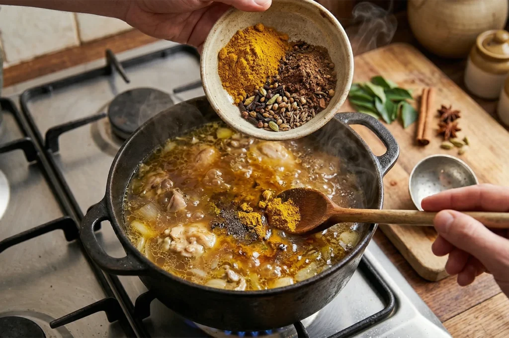 A person pouring a blend of turmeric, cumin, and whole spices from a small bowl into a pot of simmering chicken and onions.