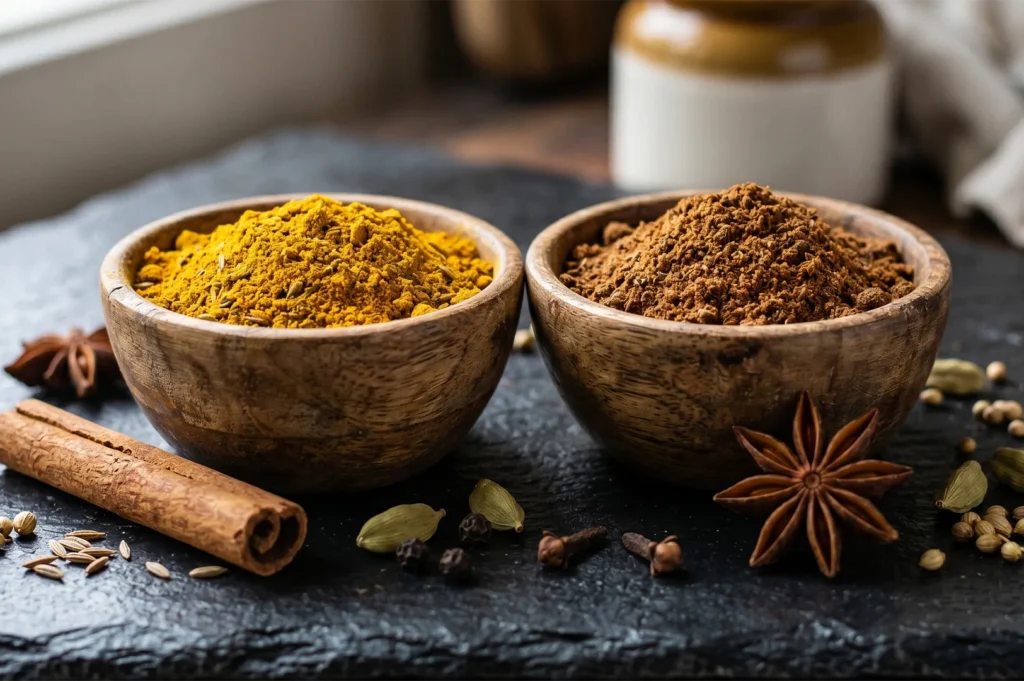 Two wooden bowls filled with ground turmeric and masala powder surrounded by whole cinnamon sticks, star anise, and cardamom pods.