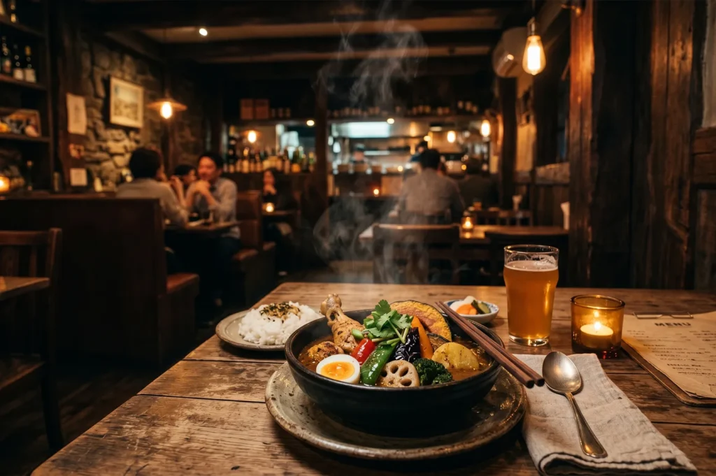 A cozy, dimly lit Japanese curry restaurant interior with a bowl of soup curry, a glass of beer, and a side of rice on a wooden table.