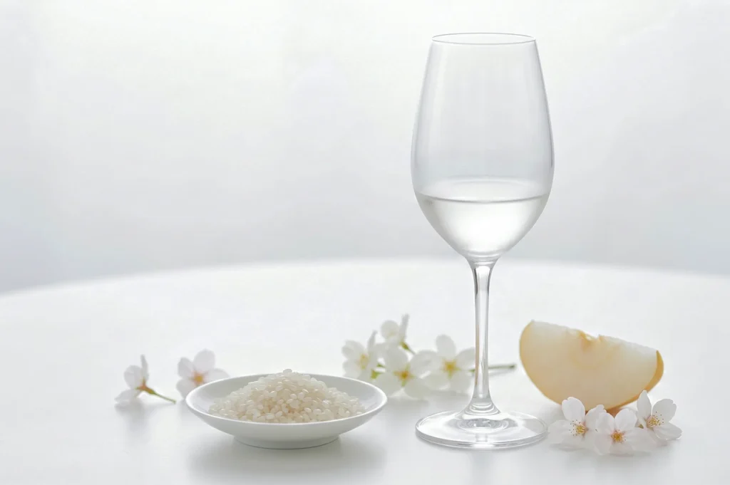 A sophisticated presentation of clear sake in a wine glass accompanied by a small dish of raw rice, white blossoms, and a slice of pear.