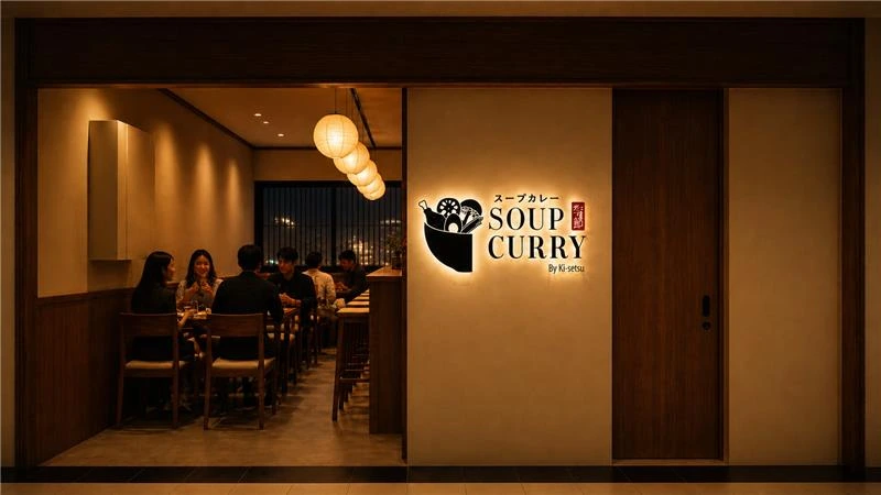 Evening view of Soup Curry by Ki-setsu storefront showing diners at wooden tables and a counter, with a prominent glowing logo on the entrance wall.