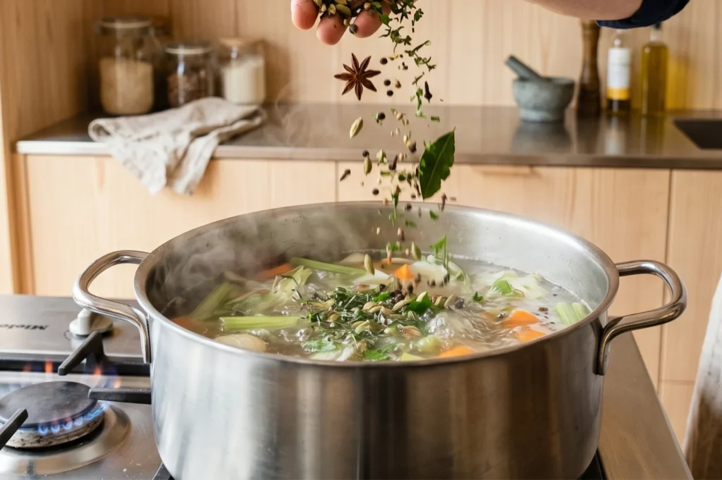 A chef's hand adding star anise, cardamom, and whole peppercorns into a large stainless steel pot of simmering vegetable broth.