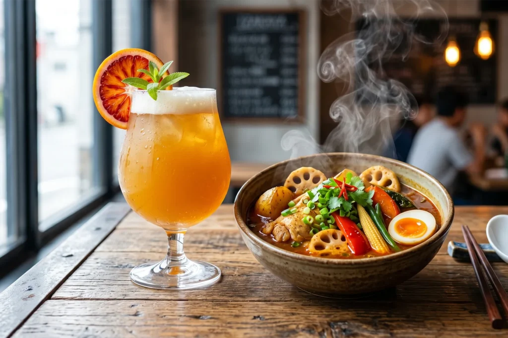A vibrant bowl of steaming Hokkaido-style soup curry featuring chicken, lotus root, and vegetables paired with a frothy orange cocktail garnished with a blood orange slice.